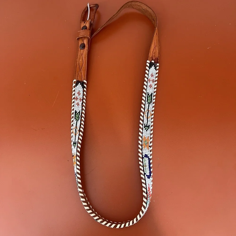 Vintage Leather Belt Child Toddler Southwest Beaded Eagle Seed Bead 30 inch